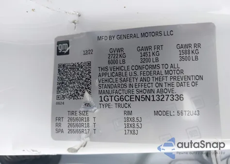 2022 GMC Canyon 4Wd Long Box Elevation from USA, damaged, VIN 1GTG6CEN5N1327336